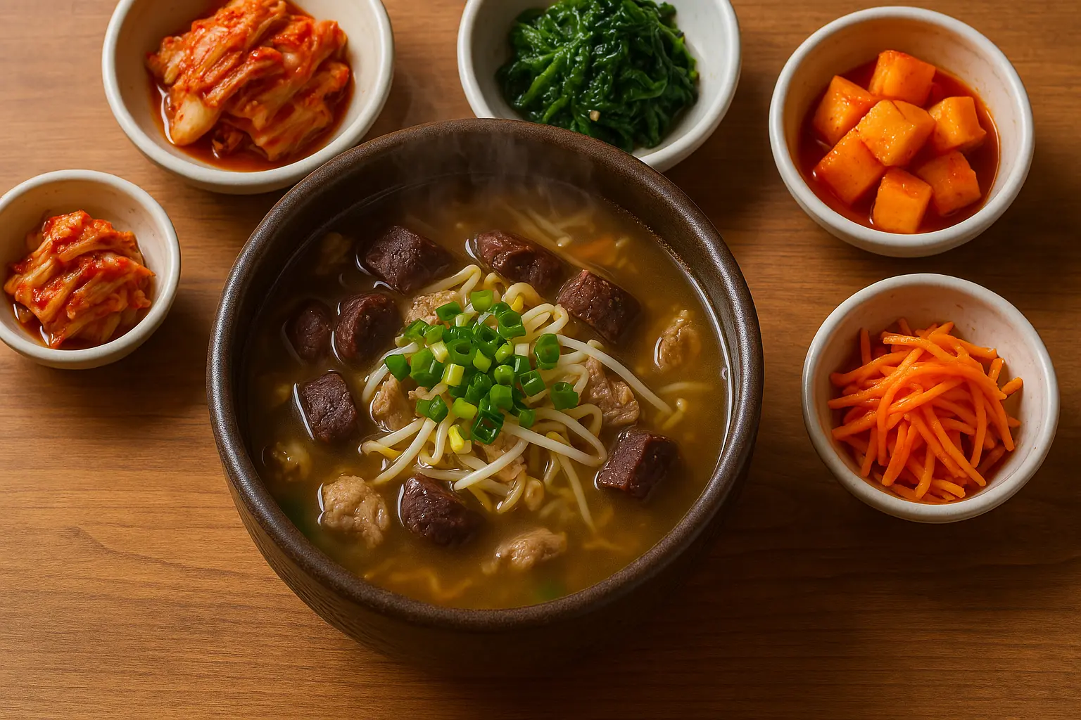 韓国のヘジャン食文化 - 豆もやしスープと北엇국がある伝統的な韓食のテーブルコーディネート