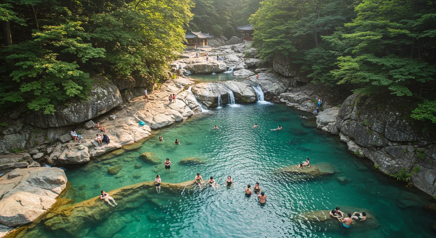 한국 여름 계곡에서 한국인과 외국인이 함께 즐기는 시원한 냉수 테라피 풍경