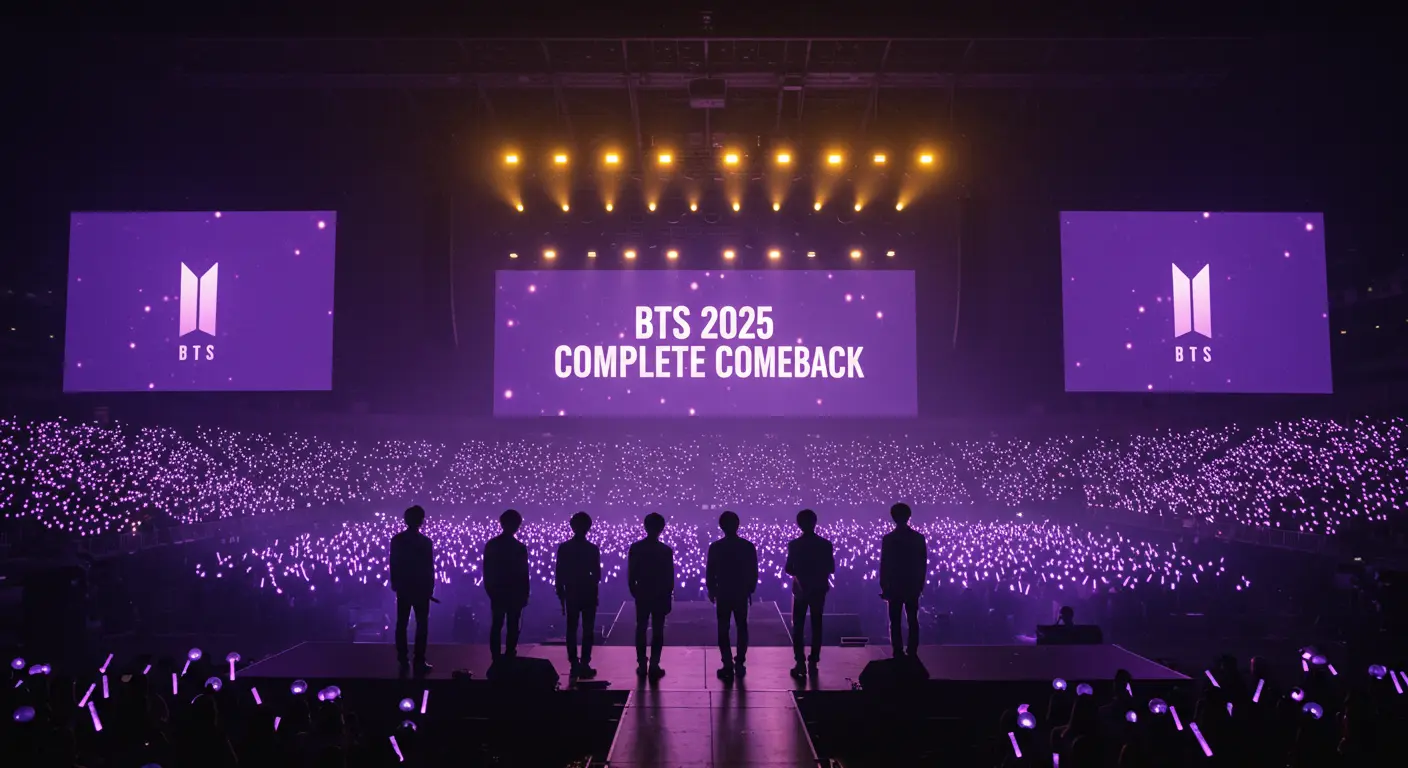 Imagem de retorno completo do BTS em 2025 – sete membros no palco sob luz roxa, capturando um momento histórico para fãs do mundo todo