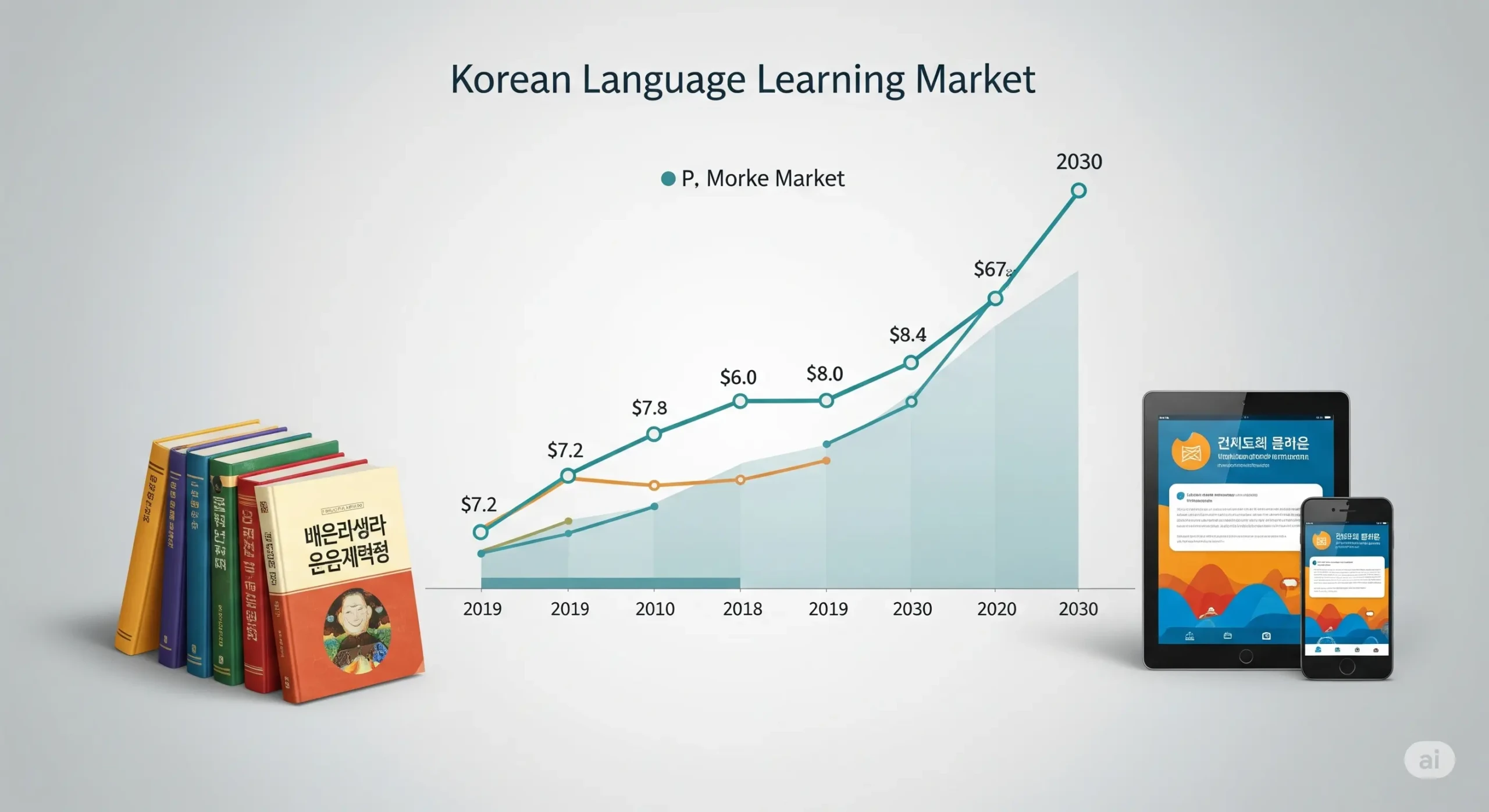 한국어 학습 시장 2019년 72억 달러에서 2030년 670억 달러 성장 전망을 보여주는 통계 차트