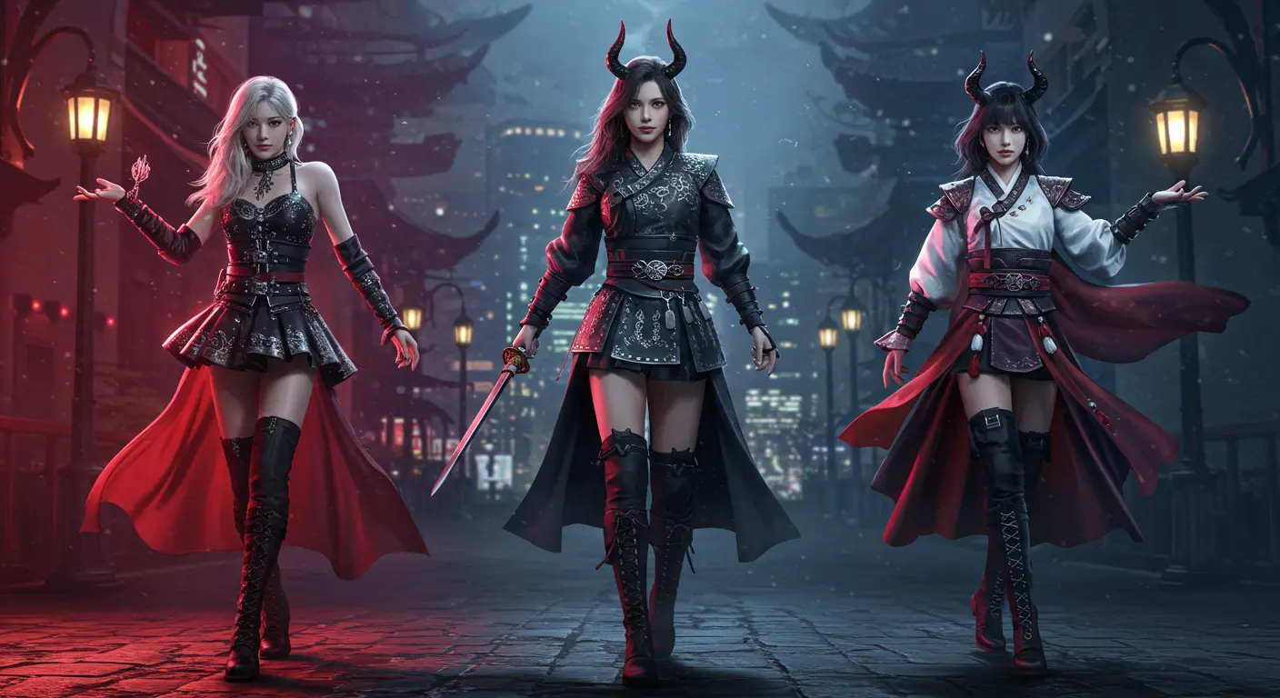 Imagem representando o sucesso global de KPop Demon Hunters – dupla identidade de idols do K-pop e caçadores de demônios, fusão entre a cultura tradicional coreana e o K-pop moderno, símbolo da popularidade mundial na Netflix