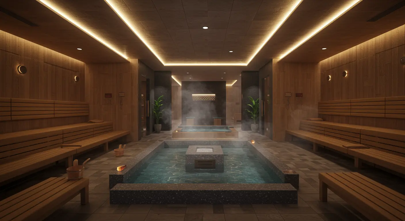 Interior do sauna tradicional coreano jjimjilbang – bancos de madeira e iluminação quente
