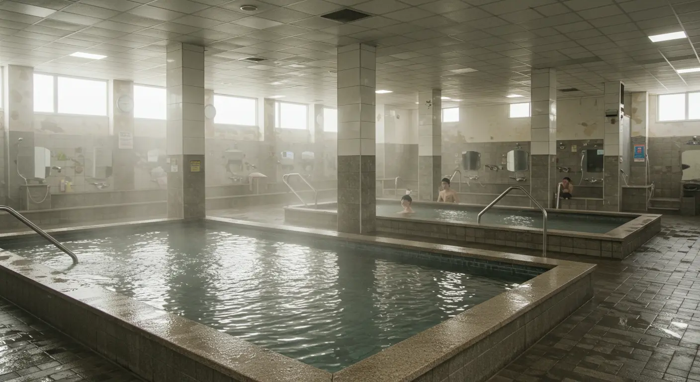 Steam room bath area - gender-segregated area with showers and hot tubs