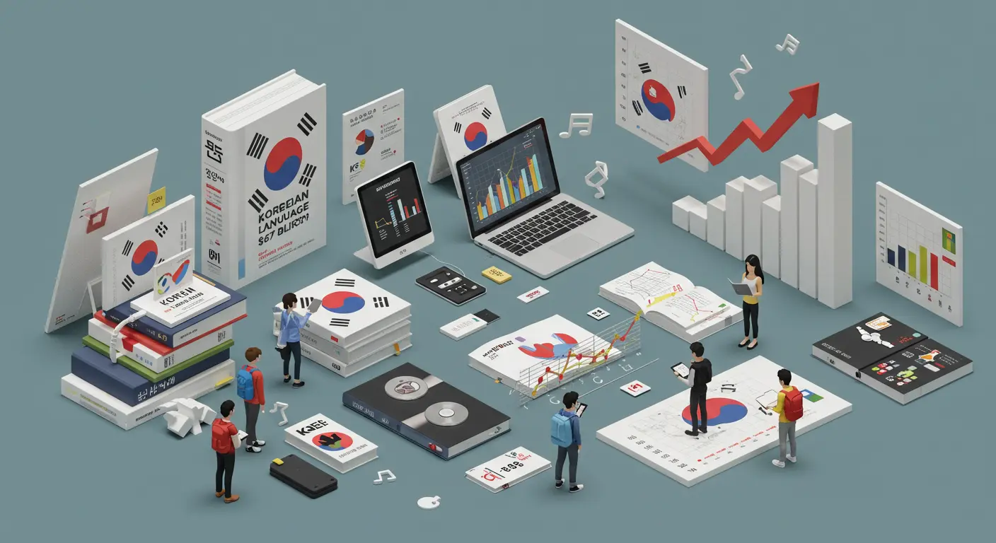 Gráfico global mostrando o crescimento de 67 bilhões de dólares do mercado de aprendizado do coreano com ídolos do K-pop e livros didáticos