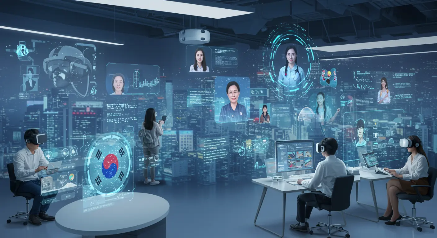 AI 튜터와 메타버스 환경에서 한국어를 학습하는 미래 교육 모습을 보여주는 현실적인 사진