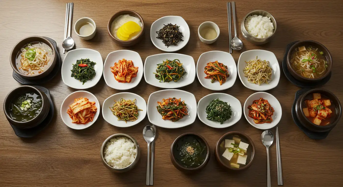 Cultura do banchan coreano—mesa tradicional com acompanhamentos de cinco cores, arroz e sopa em harmonia, simbolizando partilha comunitária