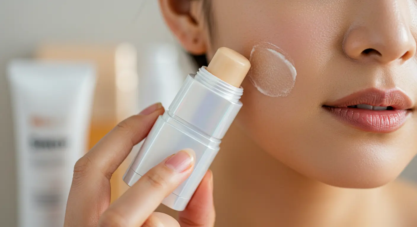 Cinco bastões solares K-beauty 2025 dispostos em mármore branco, com embalagens coloridas e diferentes níveis de SPF que destacam inovação em skincare