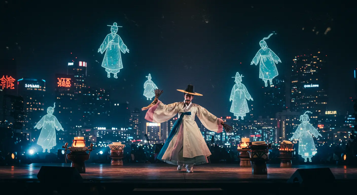 Performance que combina rituais xamânicos coreanos com elementos modernos do K-pop, com um dançarino diante do skyline noturno de Seul.
