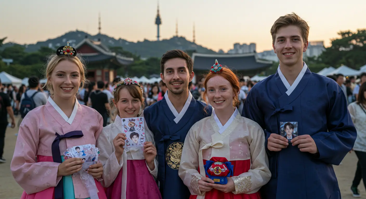 Western audience wearing authentic Korean hanbok festival cultural appreciation Seoul