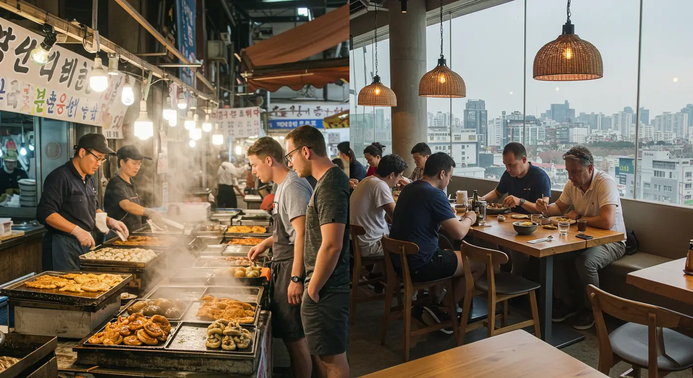 Cena de viagem gastronômica na Coreia em 2025, mostrando comida de rua em mercados tradicionais e alta gastronomia em restaurantes coreanos modernos.