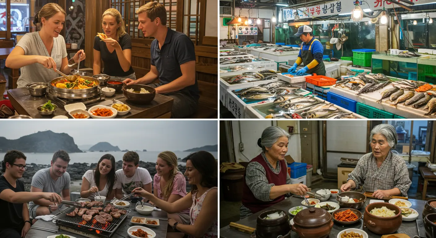 전주 비빔밥, 부산 해산물, 제주 흑돼지, 안동 전통음식을 보여주는 지역별 푸드 투어
