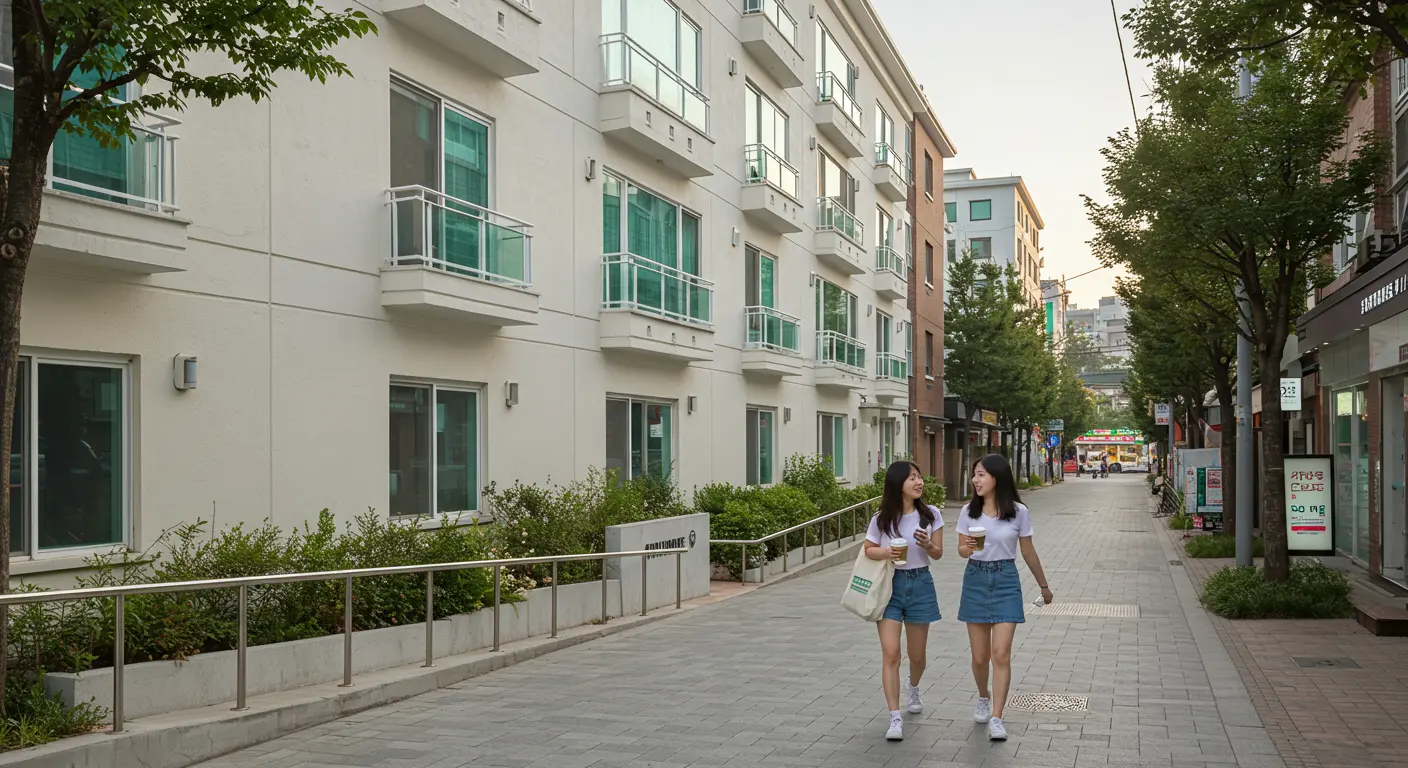 Pensão estudantil segura e iluminada no bairro universitário de Sinchon, Seul, com alunas caminhando tranquilamente à tarde.