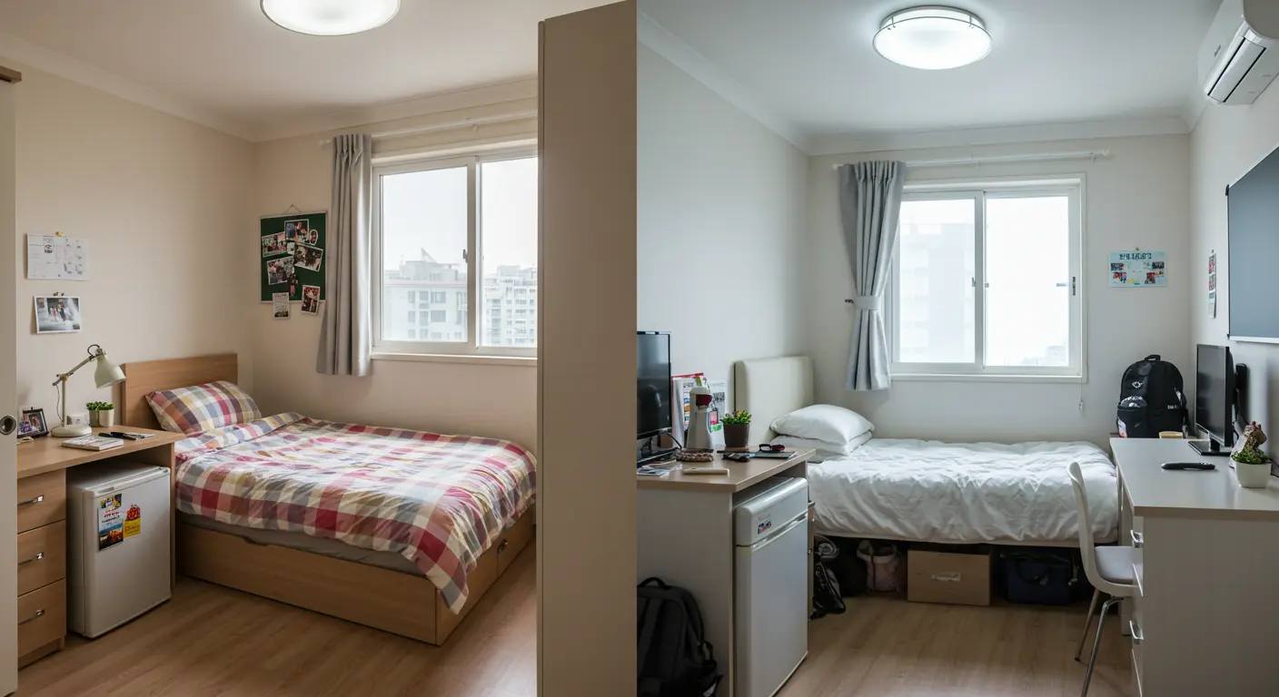 An image comparing the facilities and living conditions of a boarding house and a high school.