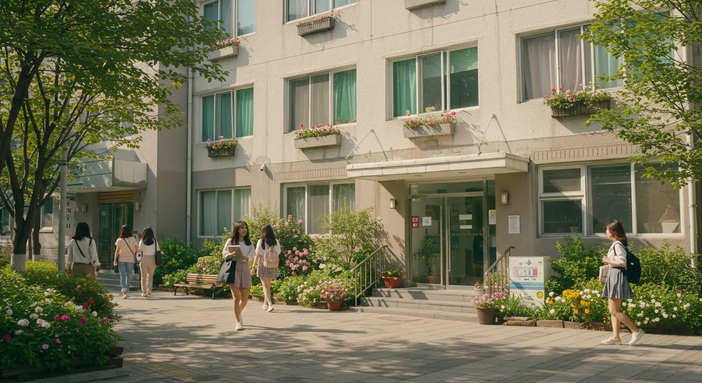A South Korean dormitory showing the exterior of a boarding house and students eating together.