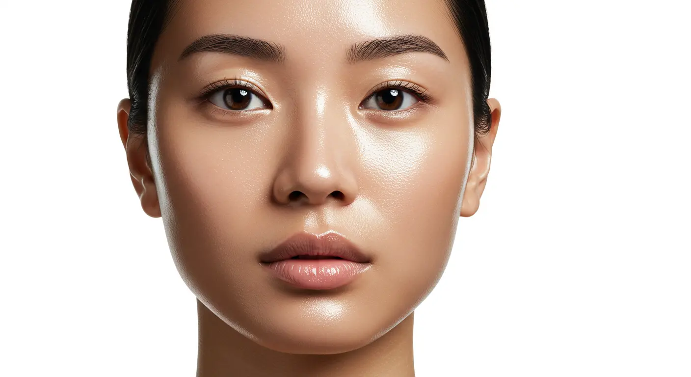 Perfil elegante de uma modelo coreana destacando a estrutura K-Face e o brilho da mirror skin.