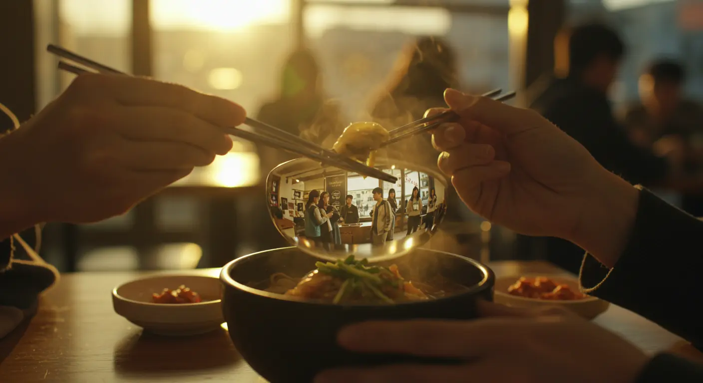 Tigela transparente refletindo a cena do bar Danbam do K-drama Itaewon Class, combinada com um prato fumegante de jjambbong logo abaixo.