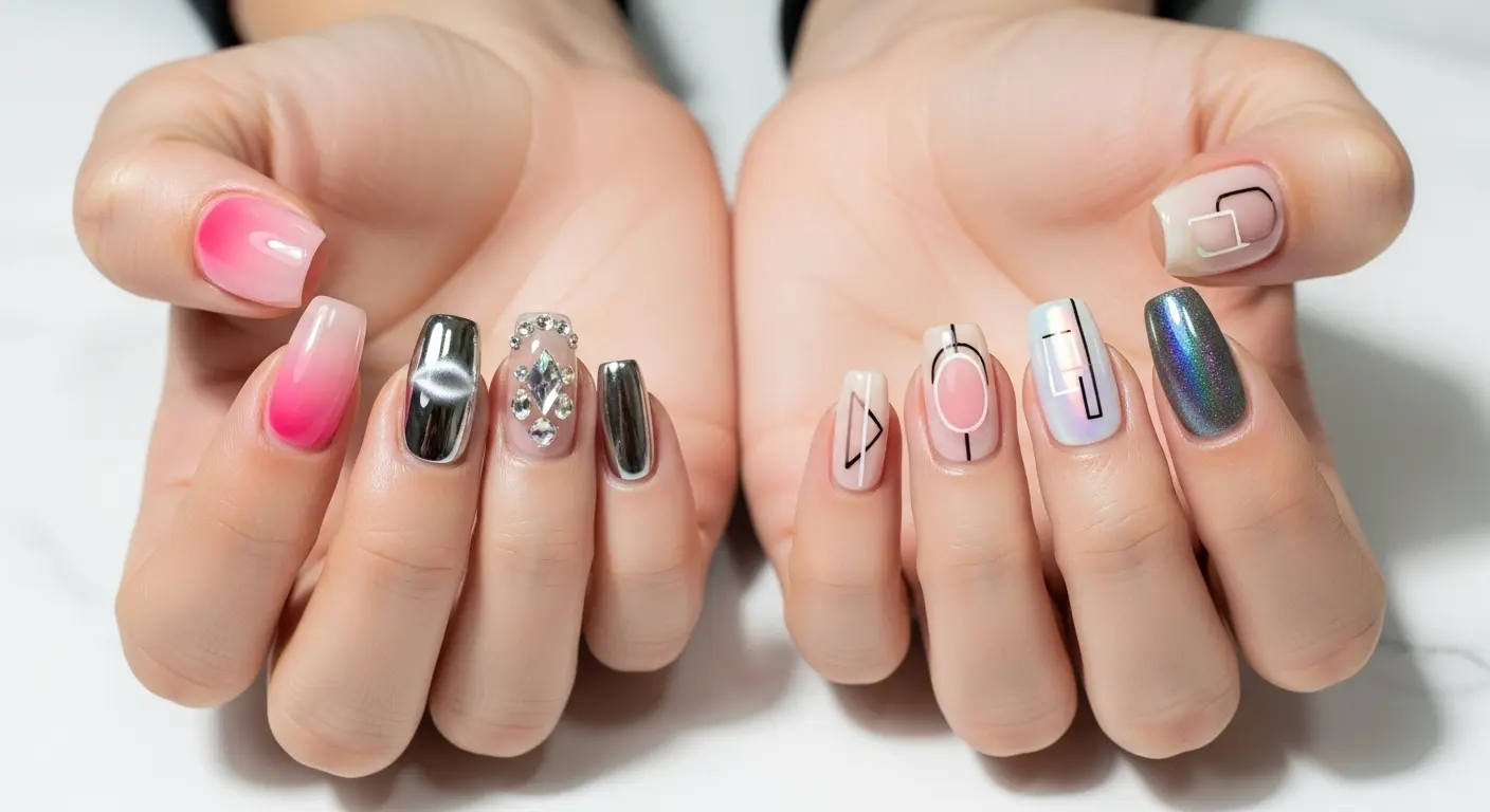Foto de estúdio em alta qualidade mostrando as cinco tendências de nail art K-pop 2025: jelly nails, degradê syrup, cat-eye magnético, unhas 3D com cristais e acabamento glass espelhado