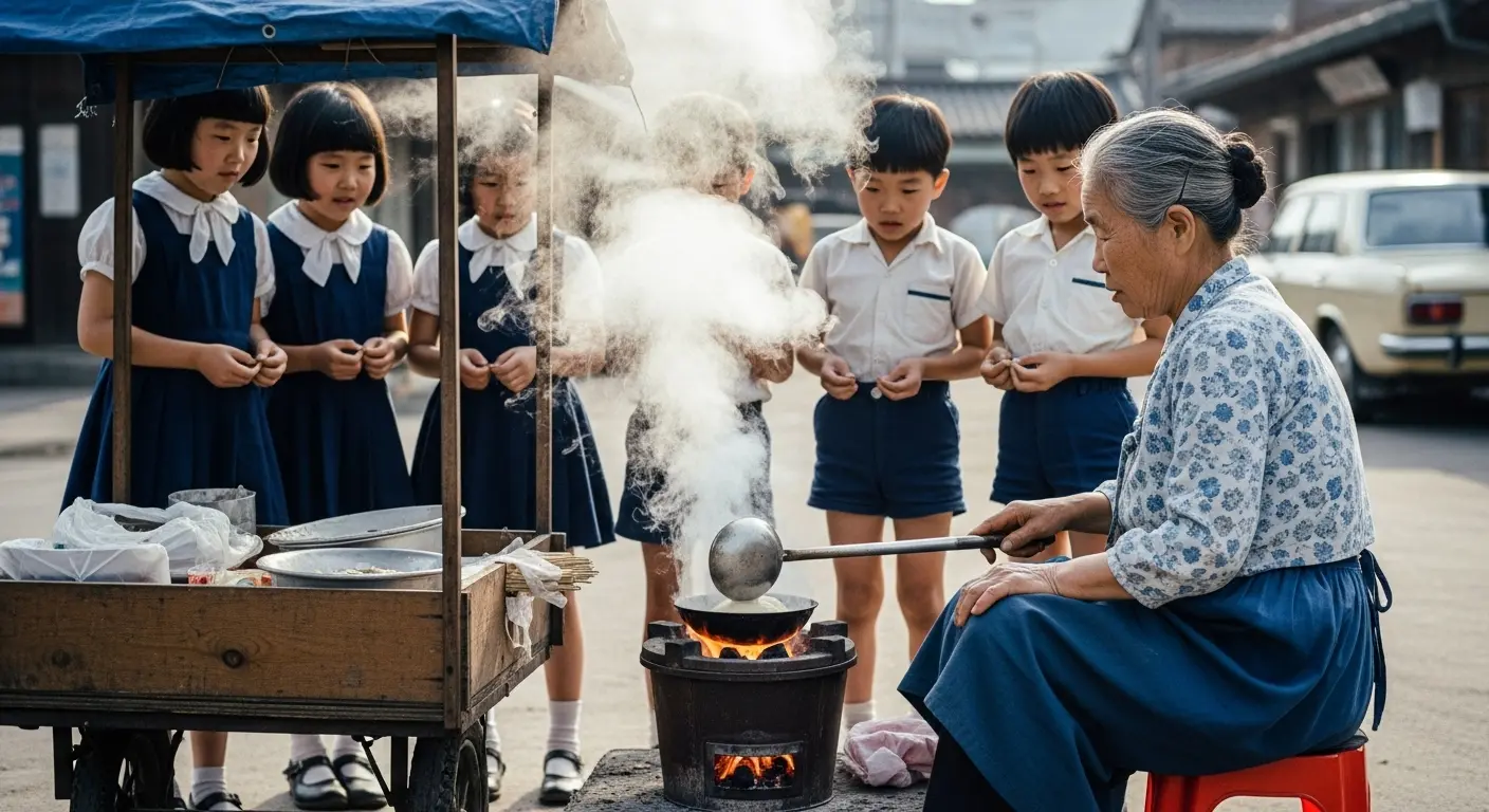 A traditional Korean dalgona recipe from the 1970s, showing dalgona being made on the street.