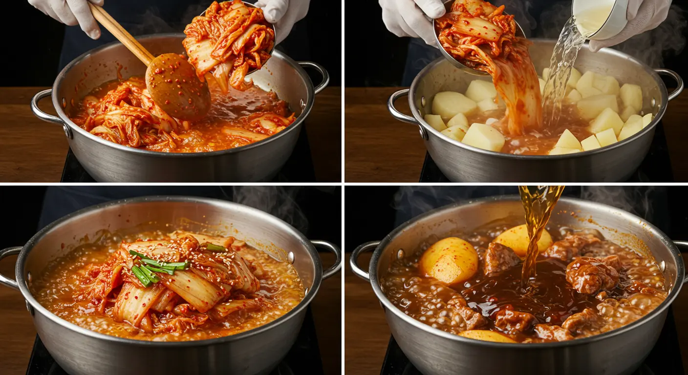 김치찜 조리 과정의 단계별 모습