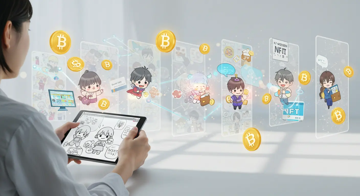 韓国のウェブトゥーンスタジオで、Web3技術によりキャラクターがNFTへ変換される瞬間を表現した未来的なイメージ。