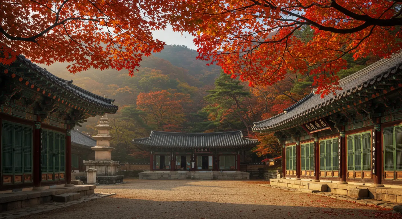 한국 전통 사찰과 어우러진 단풍의 고즈넉한 풍경