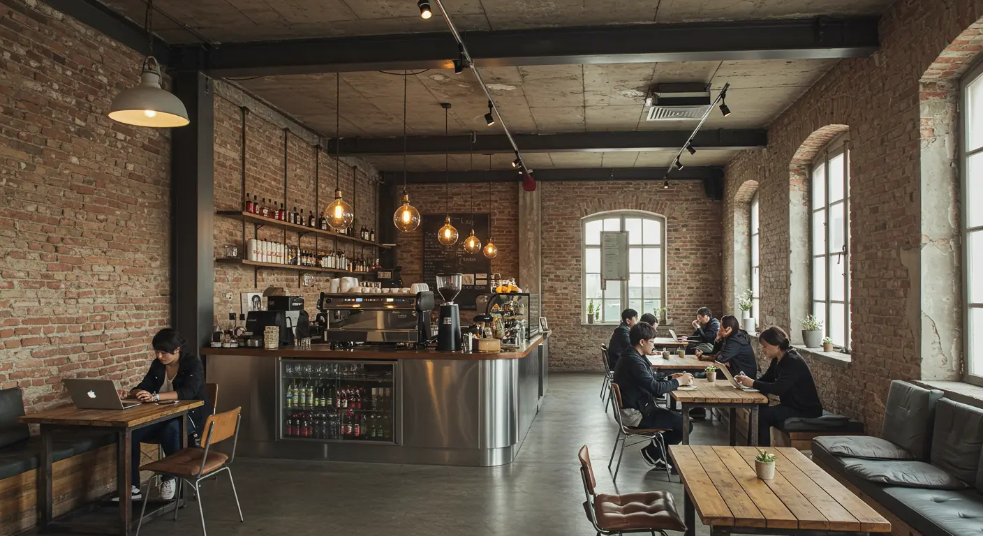 Inside the renovated factory of Seongsu-dong Emotion Cafe - high concrete ceilings and exposed steel structure