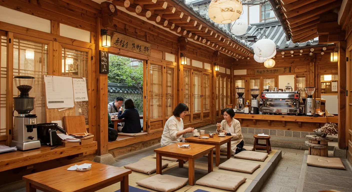 Iksun-dong Emotional Café Inside a renovated traditional hanok - a blend of traditional wooden structure and modern coffee facilities