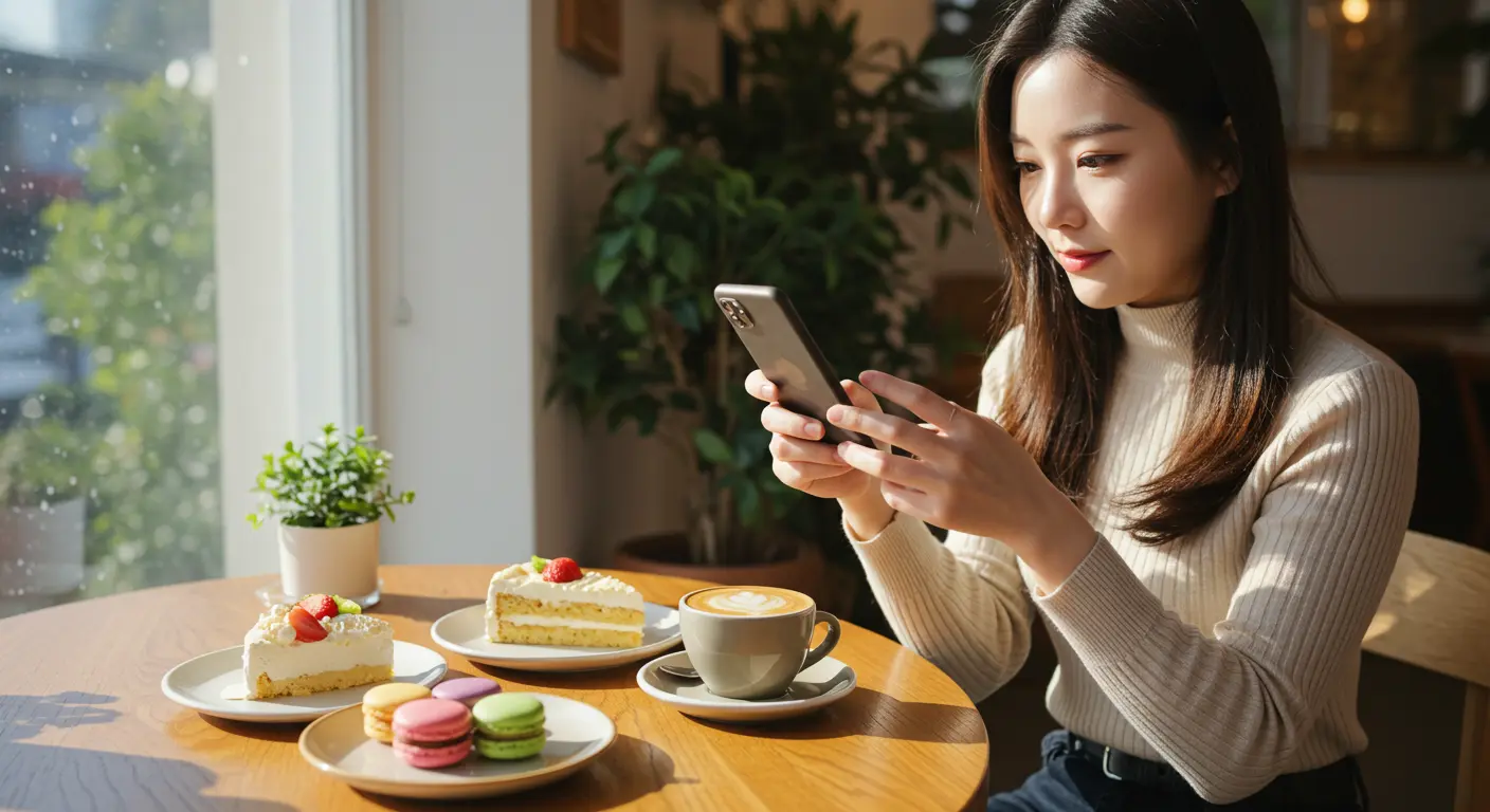 Photographing latte art and desserts with smartphones at Seoul's Emotion Cafe - perfect golden hour lighting