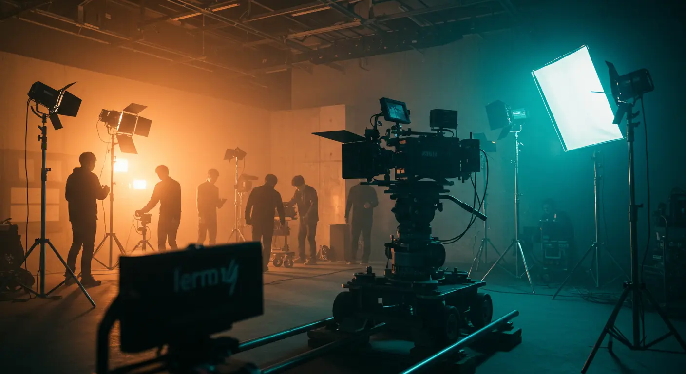Professional movie cameras and studio lighting equipment on the set of The Squid Game Season 3, Netflix's Korean drama production.