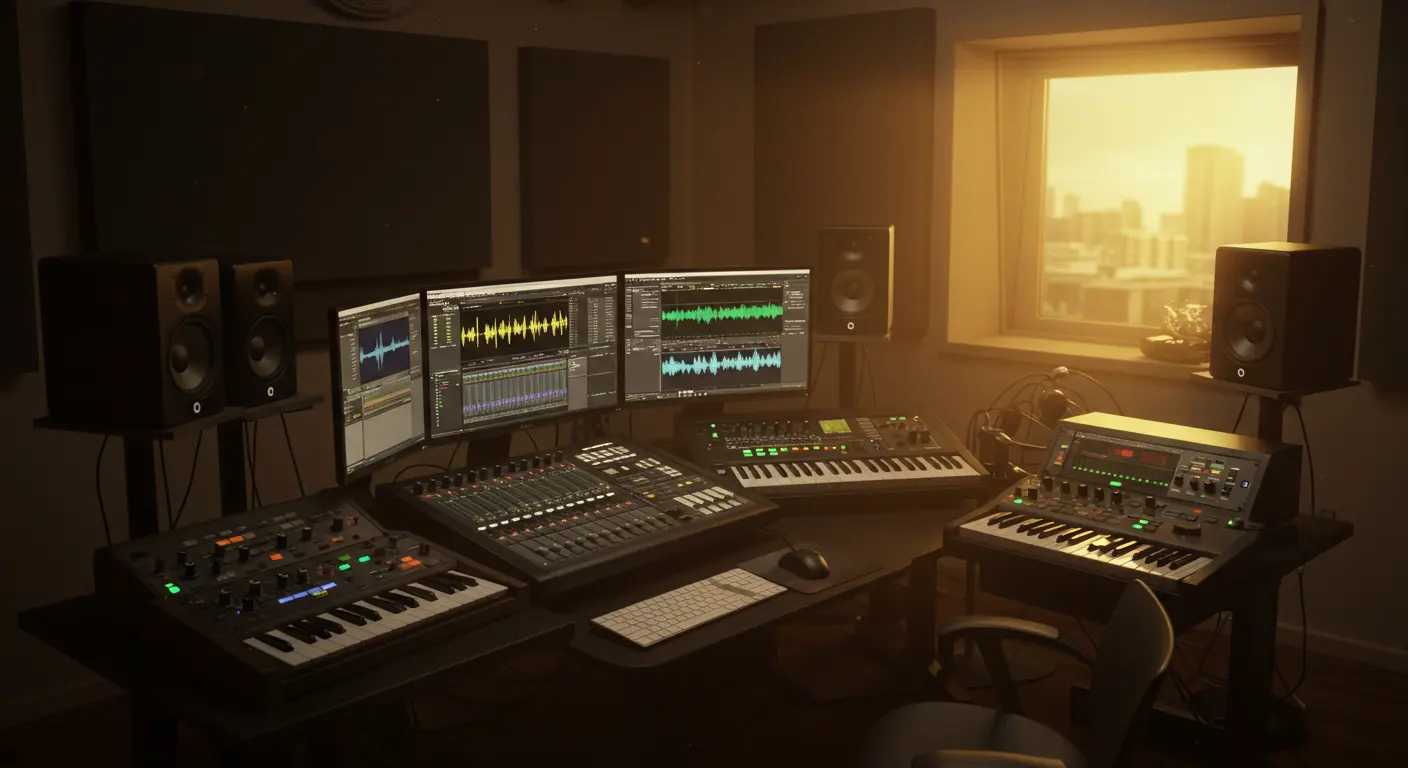 Professional studio environment used to produce K-POP music, producer workspace with MIDI controllers and high-end studio monitors