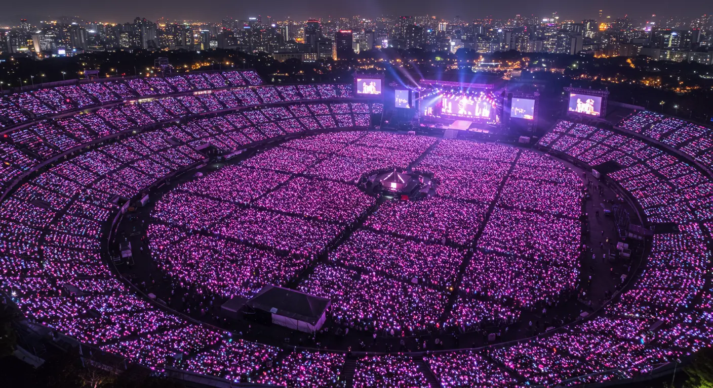 Nighttime aerial view of a massive K-POP concert with a sea of lights created by tens of thousands of cheering fans and the Seoul skyline.