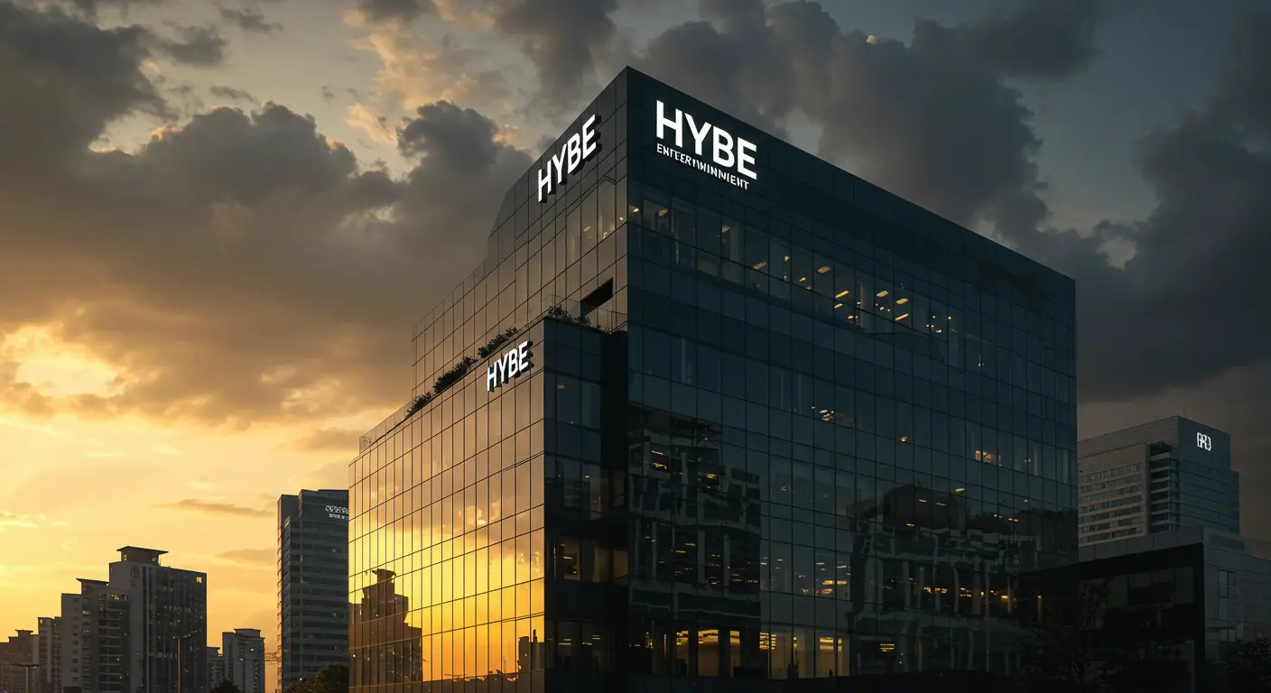 Sleek corporate building exteriors and cityscapes that symbolize the modern Korean entertainment industry.