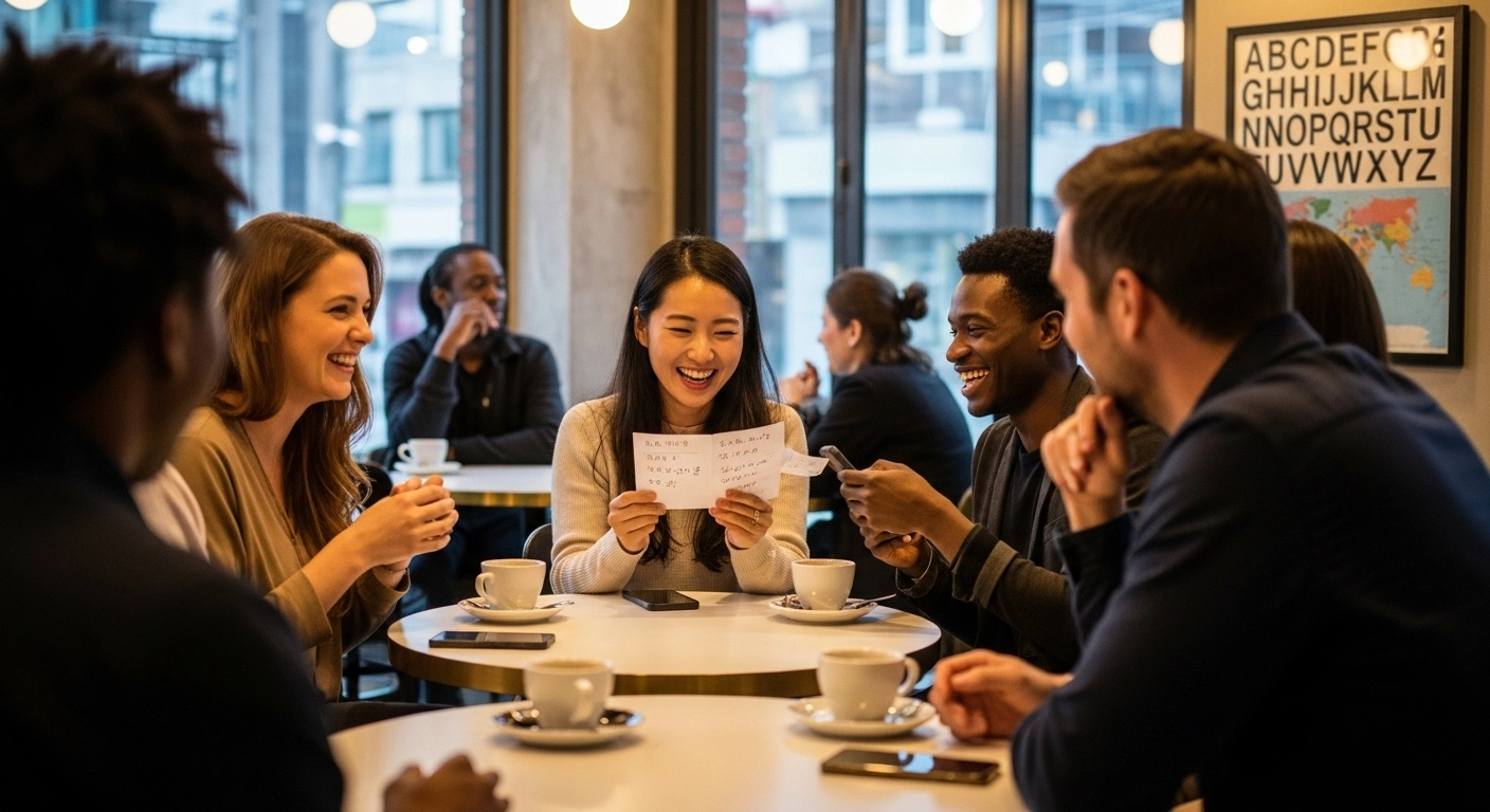 Diverse group of international students practicing language exchange Korean learning at casual meetup table