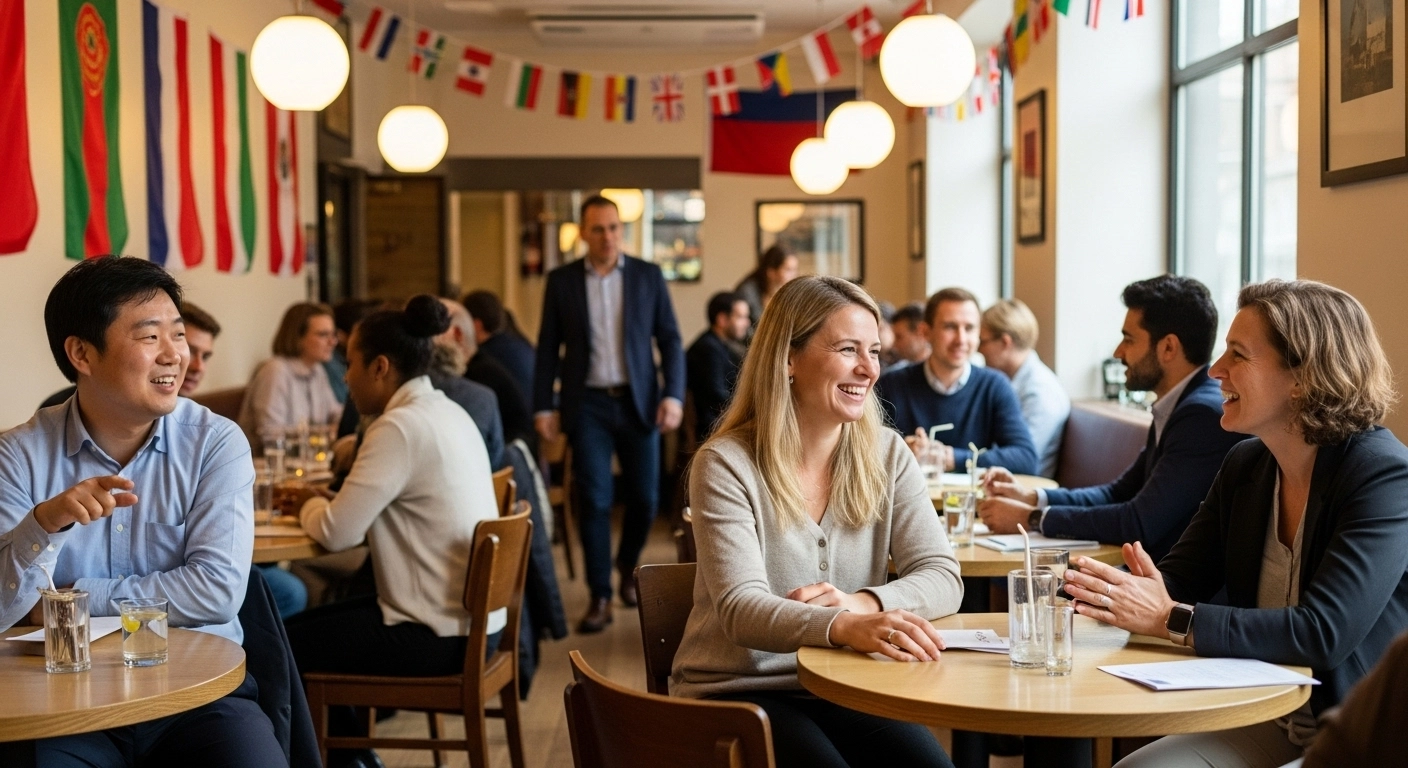 언어교환 모임에서 테이블을 바꾸며 다양한 사람들과 한국어로 대화하는 장면