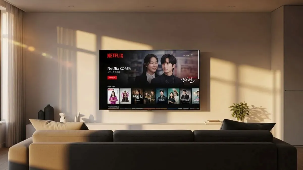 Watching 2026 Korean drama releases on Netflix and Disney Plus in modern living room with large TV screen