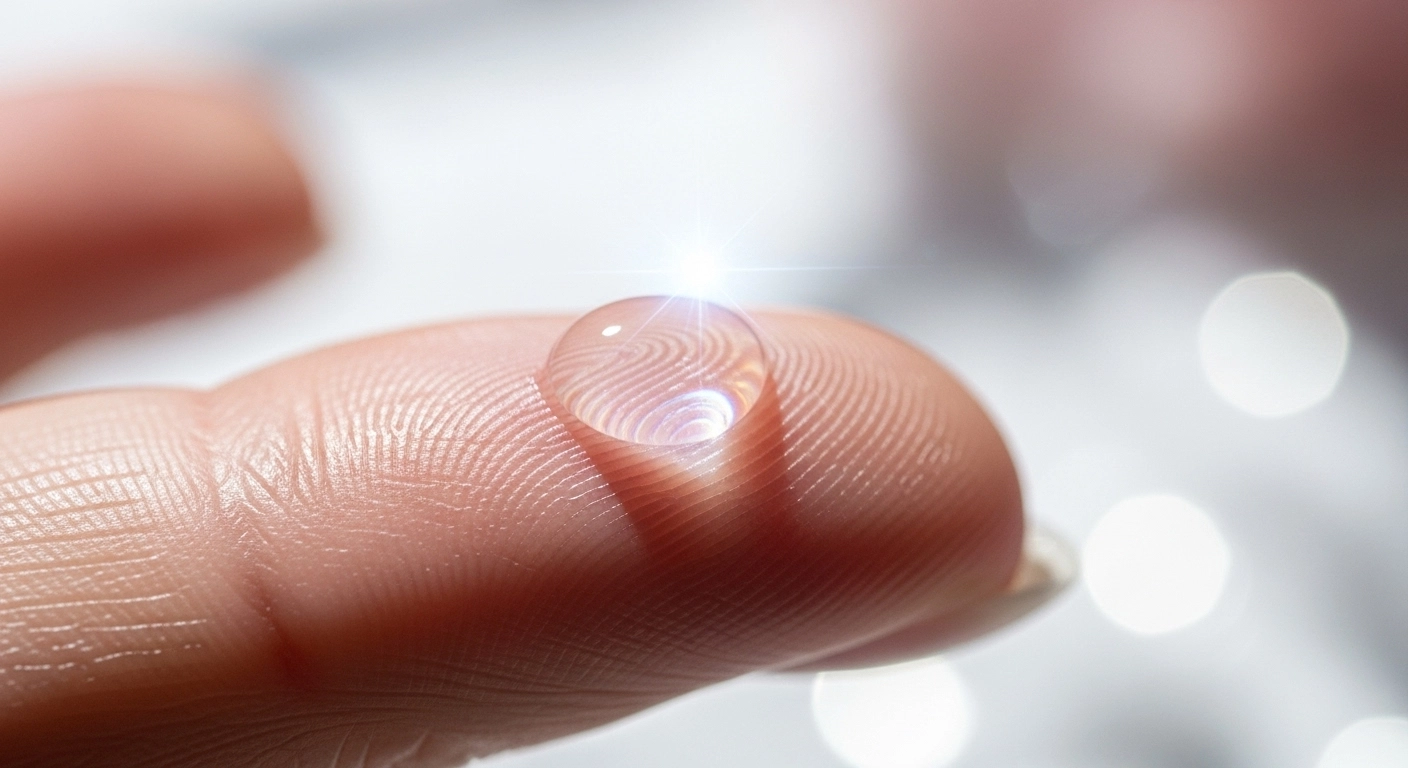 PDRN 세럼의 투명한 제형과 피부 흡수 과정을 보여주는 클로즈업