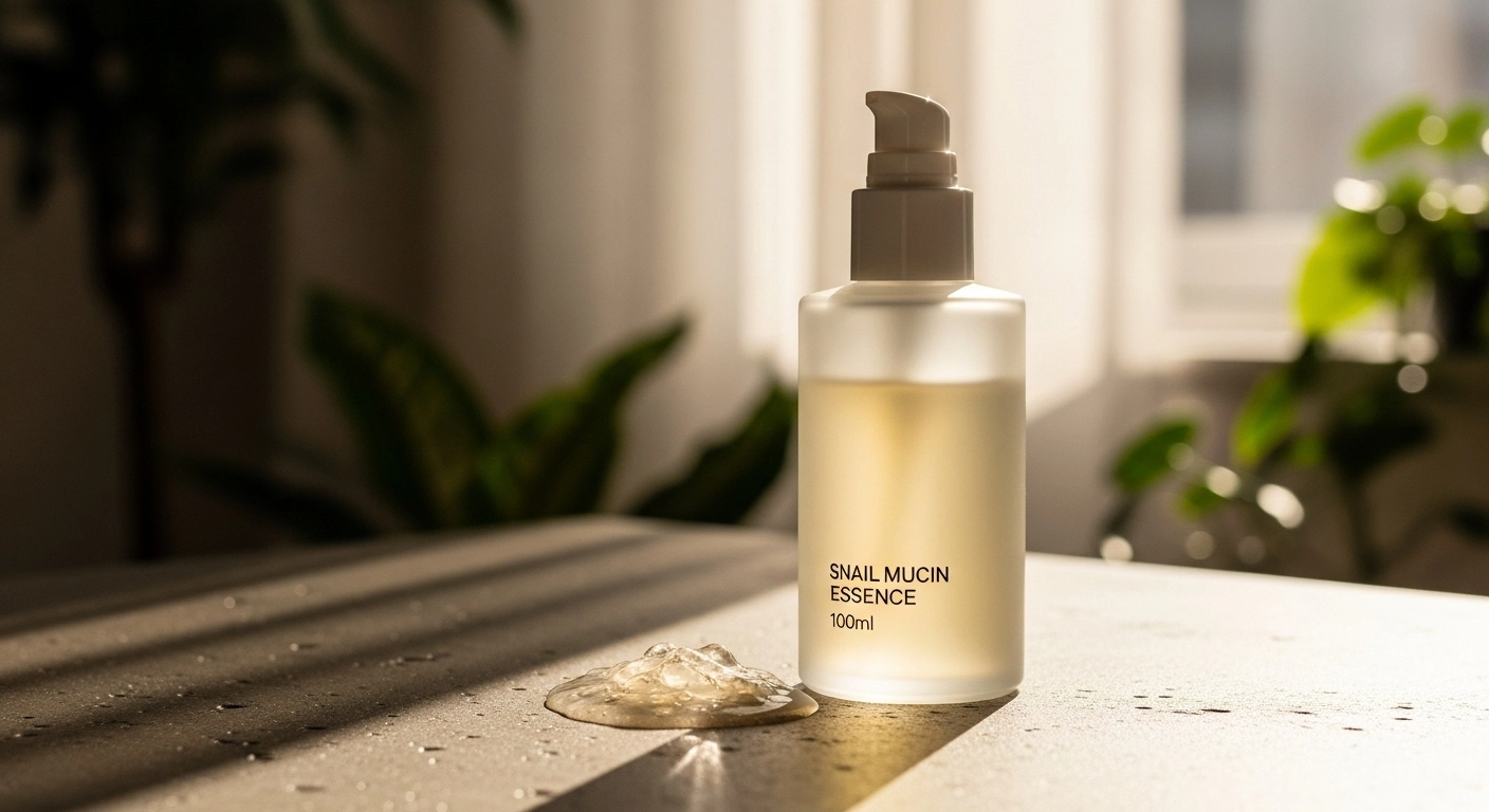 달팽이 점액 에센스 제품과 젤 타입 텍스처 클로즈업