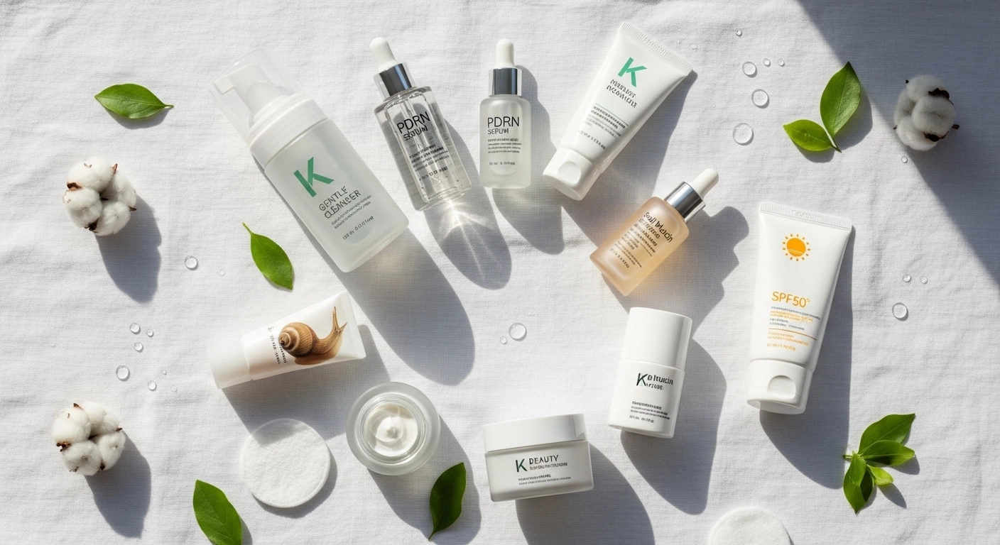 PDRN 세럼과 달팽이 점액 에센스를 포함한 완벽한 K뷰티 루틴 단계별 제품 배치