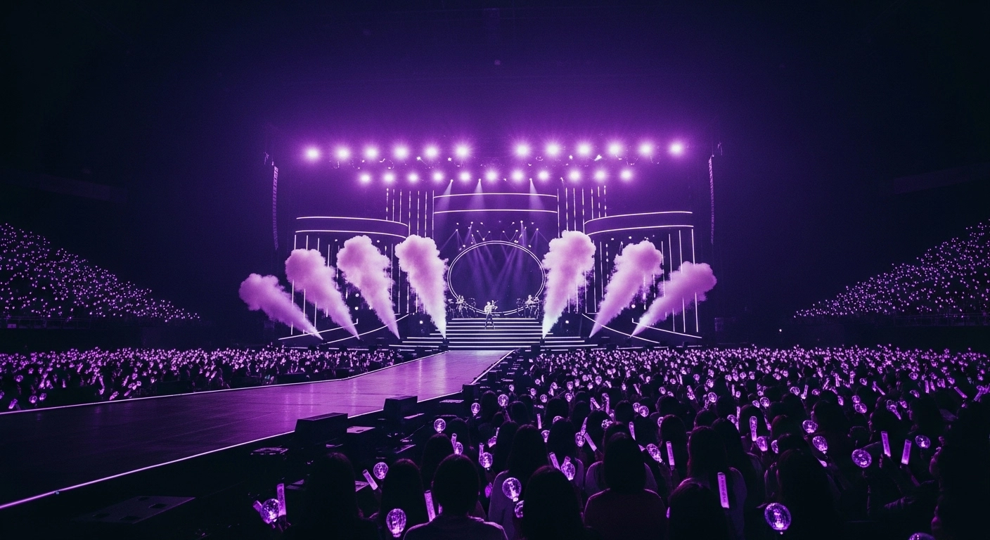 2025년 K-팝 컴백 트렌드를 상징하는 무대와 AI 기술 이미지