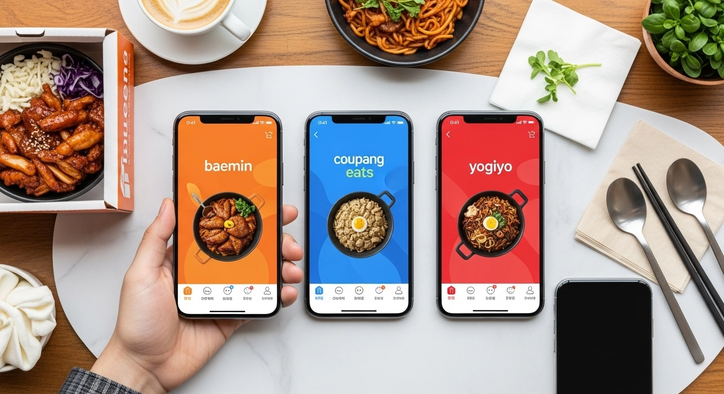 Imagem flatlay com as telas dos aplicativos coreanos Baemin, Coupang Eats e Yogiyo, acompanhados por embalagens de comida delivery.