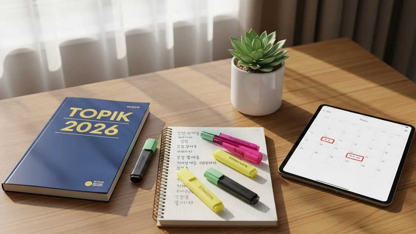 2026 TOPIK 시험 일정 – 한국어능력시험 준비를 위한 교재와 캘린더가 놓인 책상