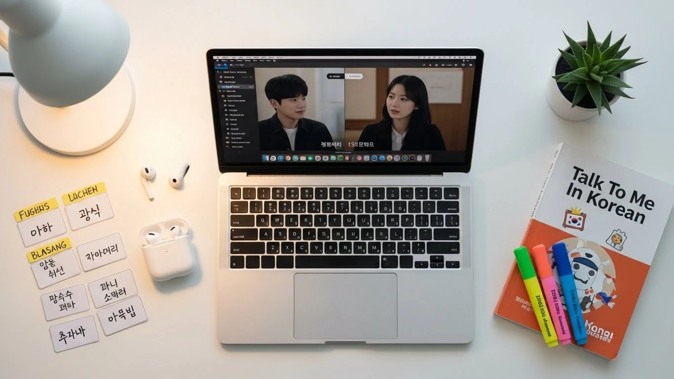 드라마를 활용한 한국어 학습 방법을 보여주는 인포그래픽