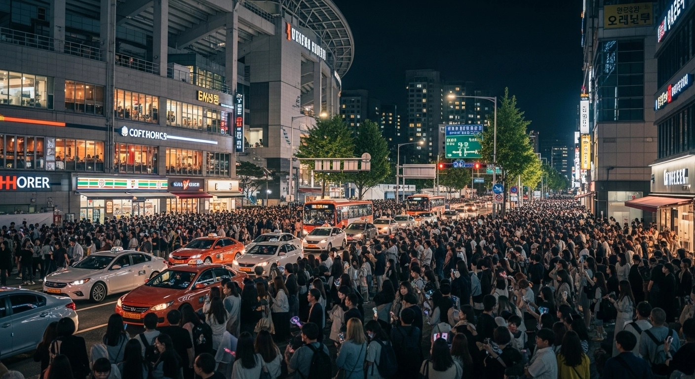 BTS 콘서트 기간 중 공연장 인근 도심 거리와 이동하는 관객들